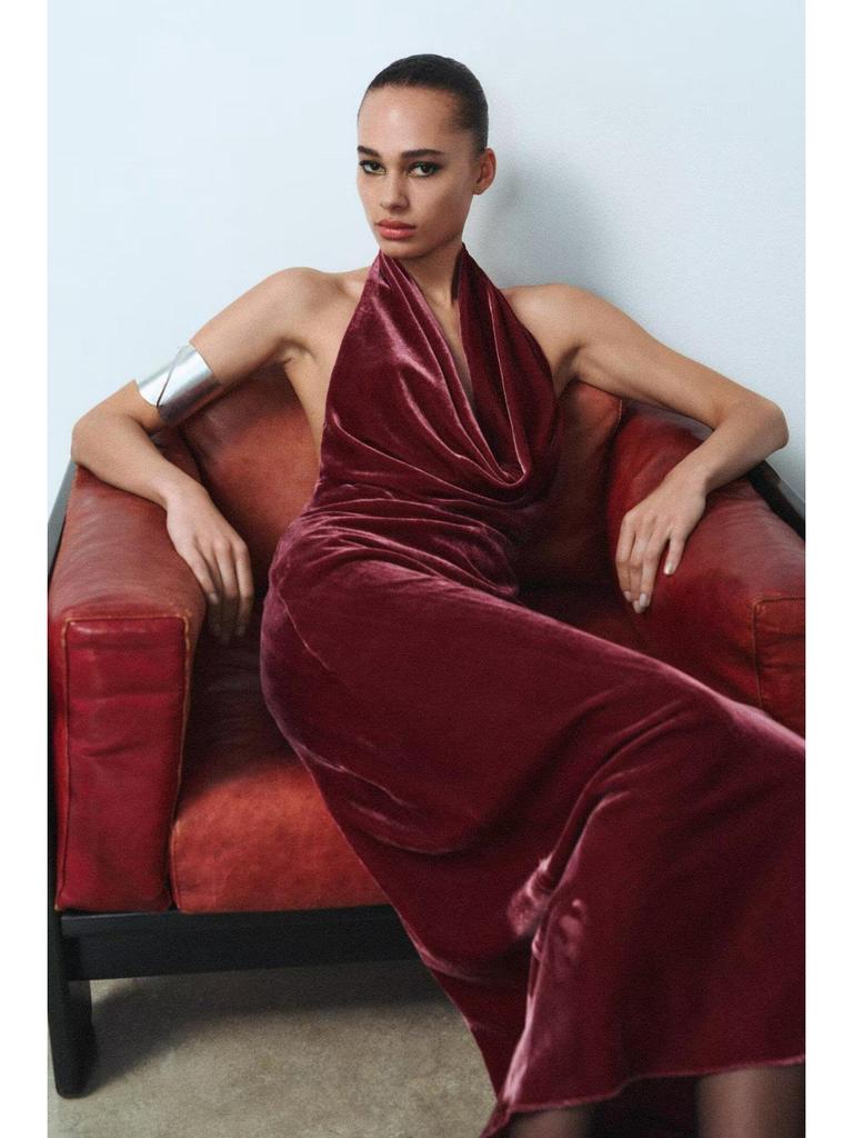 Velvet Halter Neck Backless A-line Midi Dress - Spring & Autumn Women's European Style