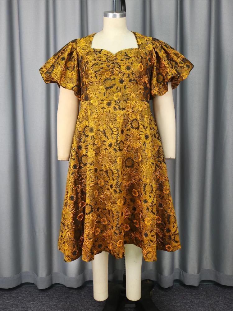 Plus Size Floral Jacquard Dress with Puff Sleeve Sweetheart Neck High Waist Perfect for Weddings Dinner Party Elegant Daytime Event