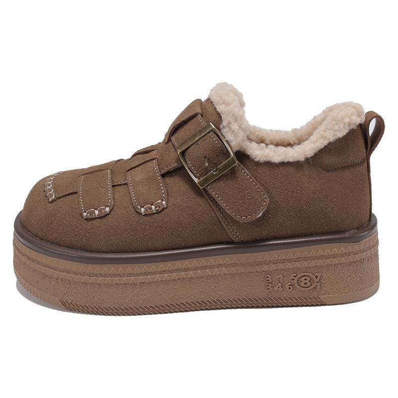 

Woven retro thick-soled muffin small short snow boots 2024 winter velvet versatile buckle cotton shoes 40 коричневий