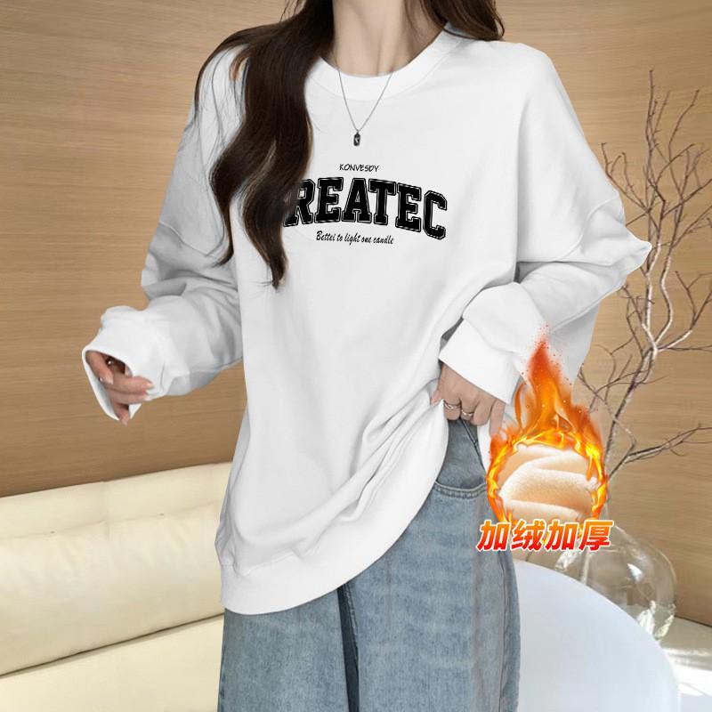 Womens Long Sleeve Hoodie Loose Fit Age-Reducing Versatile Colorblock Korean Style Fleece Lined Thick Top