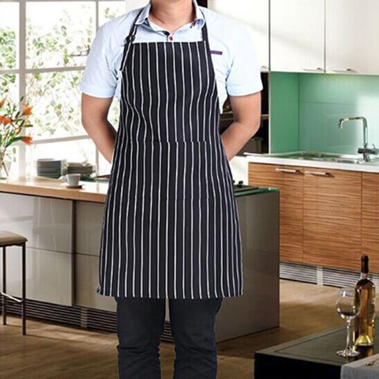 Adjustable Adult Black Stripe Bib Apron With 2 Pockets Chef Waiter Kitchen Cook