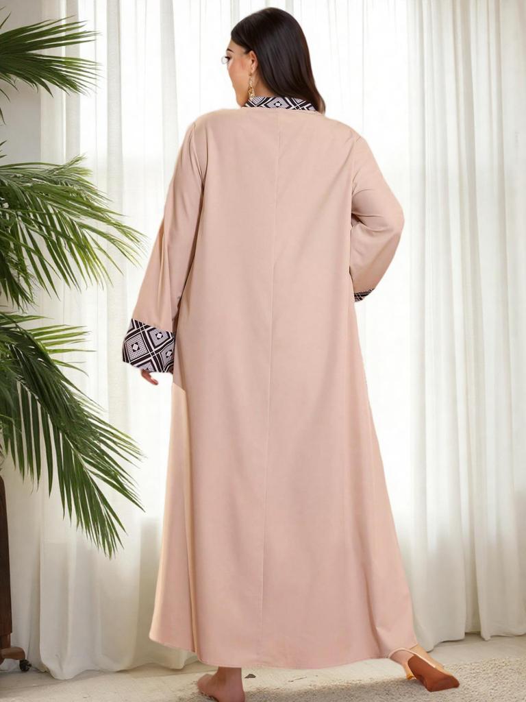 Plus Size Middle Eastern Ethnic V-Neck Printed Patchwork Long Dress