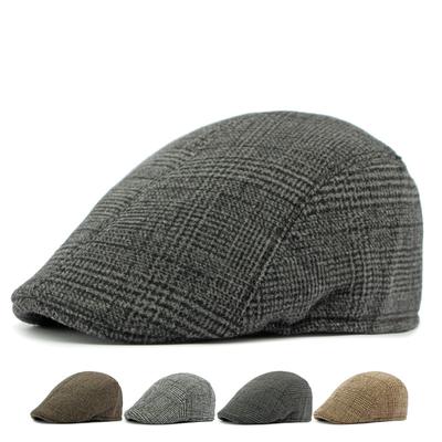Men's Peaked Cap Middle-Aged and Elderly Woolen Beret Classic Check Retro Cap Warm Cotton Forward Cap