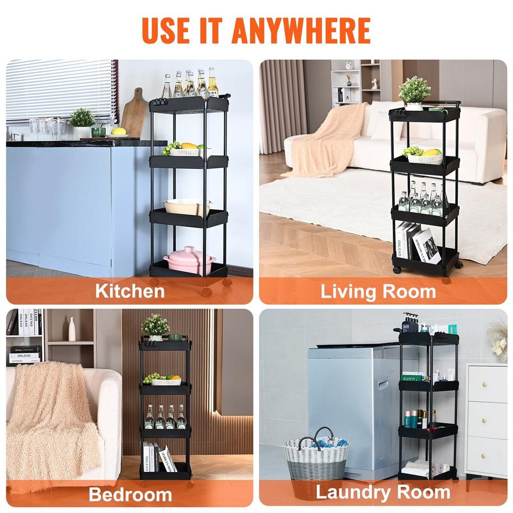 4-Tier Rolling Utility Cart, Kitchen Cart with Lockable Wheels, Multi-Functional Storage Trolley with Handle for Office, Living Room, Kitchen, Movable