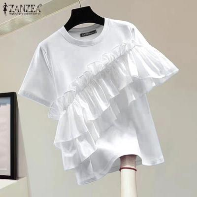 Women Fashion Round Neck Ruffle Short Sleeve Straight Solid Color Loose T-shirt
