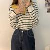 Lazy Style Loose Fitting Pullover Long Sleeved Knitted Sweater Women's Contrasting Striped Short Top