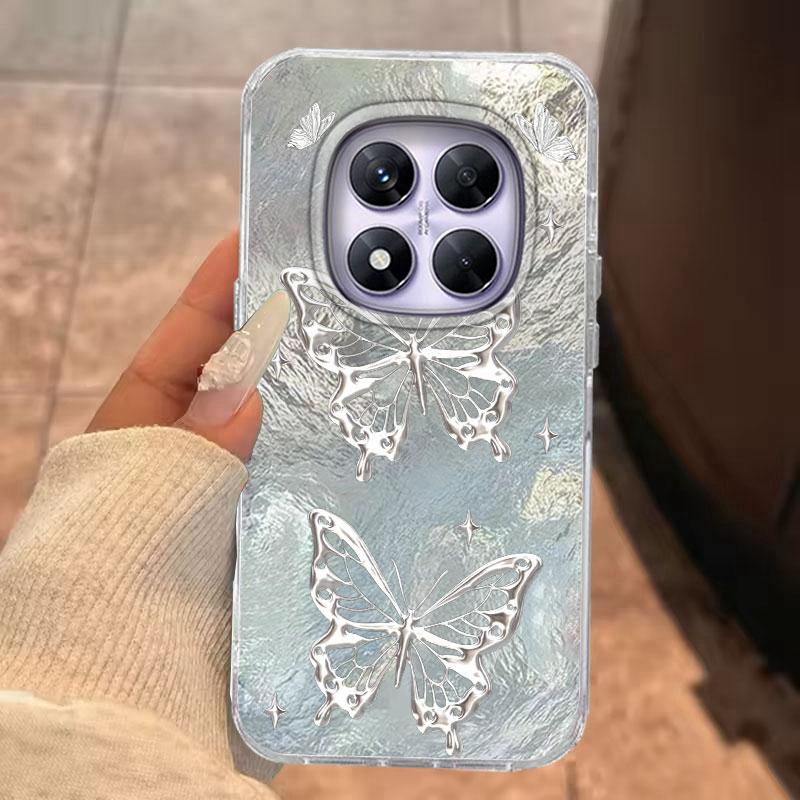For Redmi Note 14 Pro Plus 13 11 12 Pro 14S 11S 10S 9 Pro Max 9S 8 Pro 5G Ro 4G Phone Case Silver Butterfly Pattern Silicone Bag