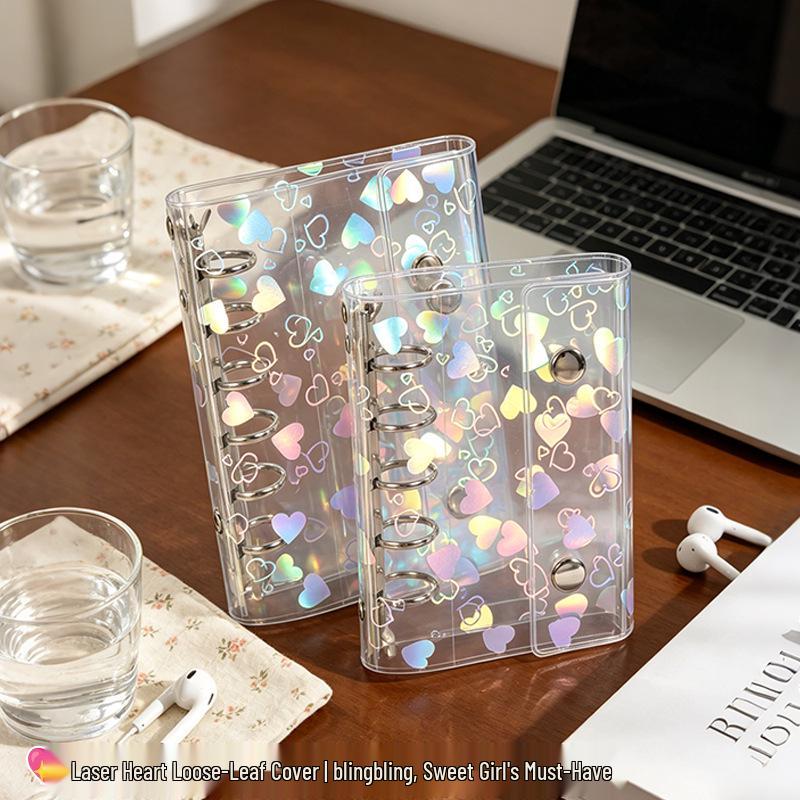 Transparent Iridescent Heart Loose-leaf Planner with Snap Button PVC Cover
