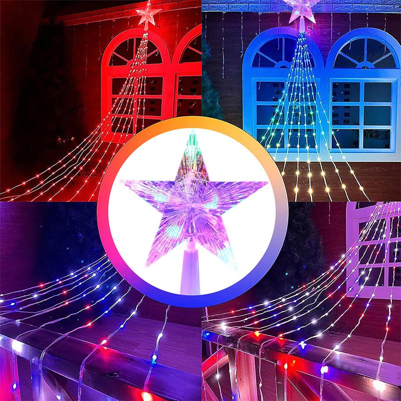 1PC Five-pointed Star Waterfall Lights USB/Solar Powered Christmas Festoon String Lights Party New Year's Eve Decorations