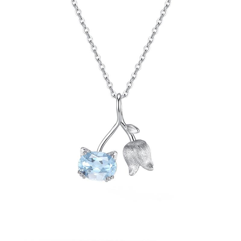 

S925 Sterling Silver Bell Orchid Cat Necklace Original Brushed Design Natural Crystal Clavicle Chain Cute Light Luxury Jewelry For Women 925 silver