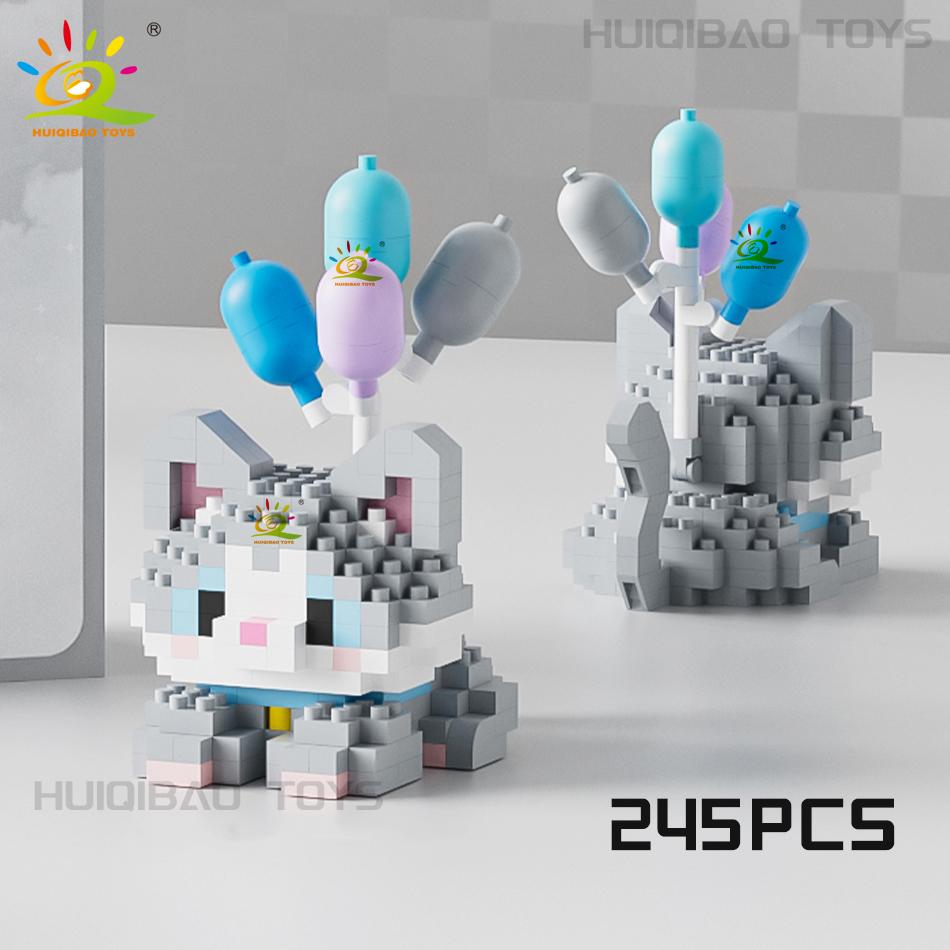 HUIQIBAO MINI Cute Pet Balloon Cat Dog Micro Building Block Set City Cartoon Animal Diamond Home Decoration Bricks Toys Adult