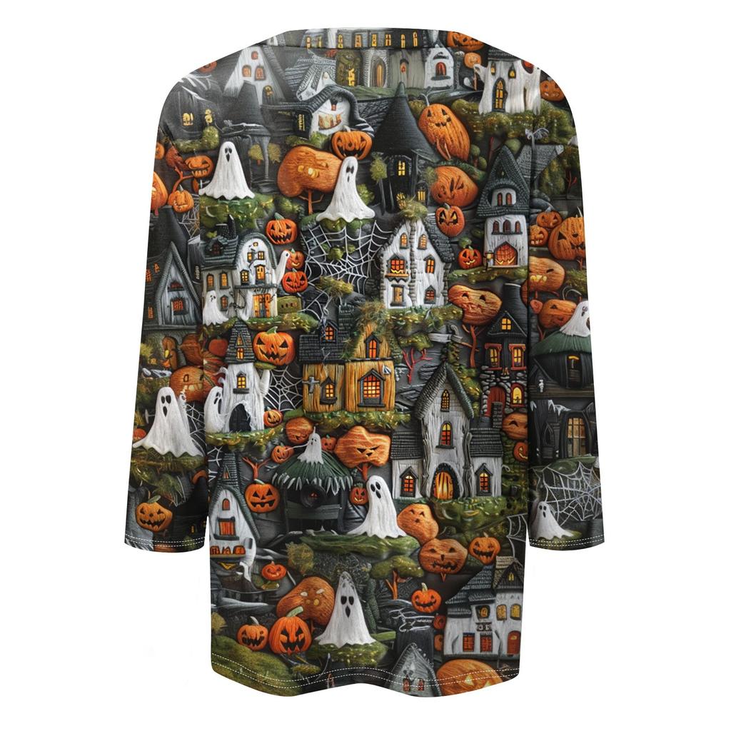 Košile s 3/4 rukávem pro ženy Roztomilá 3D halloweenská trička s potištěným grafickým tričkem Halenky Běžné Velikosti Basic Tops Pulovr