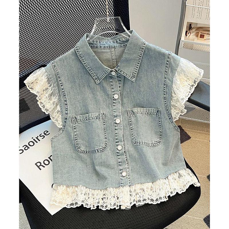 Lace Patchwork Short Denim Vest Women's 2025 Summer New Loose Flying Sleeve Vest Jacket Female