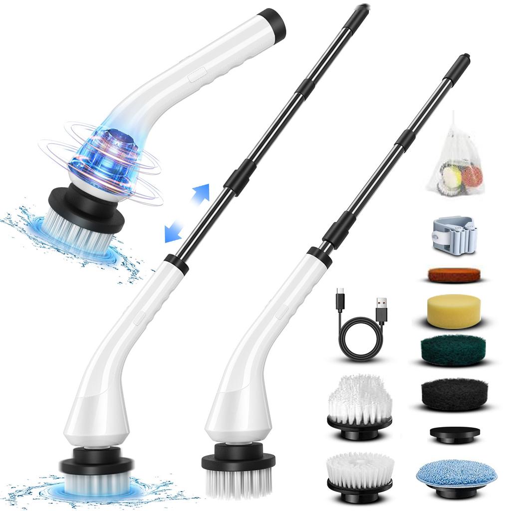 Electric Spin Scrubber Electric Scrubber with 8 Replaceable Brush Heads  Detachable Extension Handle Power Spin Scrubber Cord