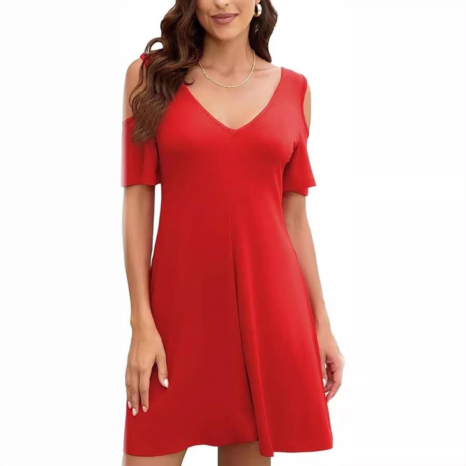 

Женская футболка без бретелек с V-образным вырезом и коротким рукавом, летние однотонные повседневные модные платья XXL красный