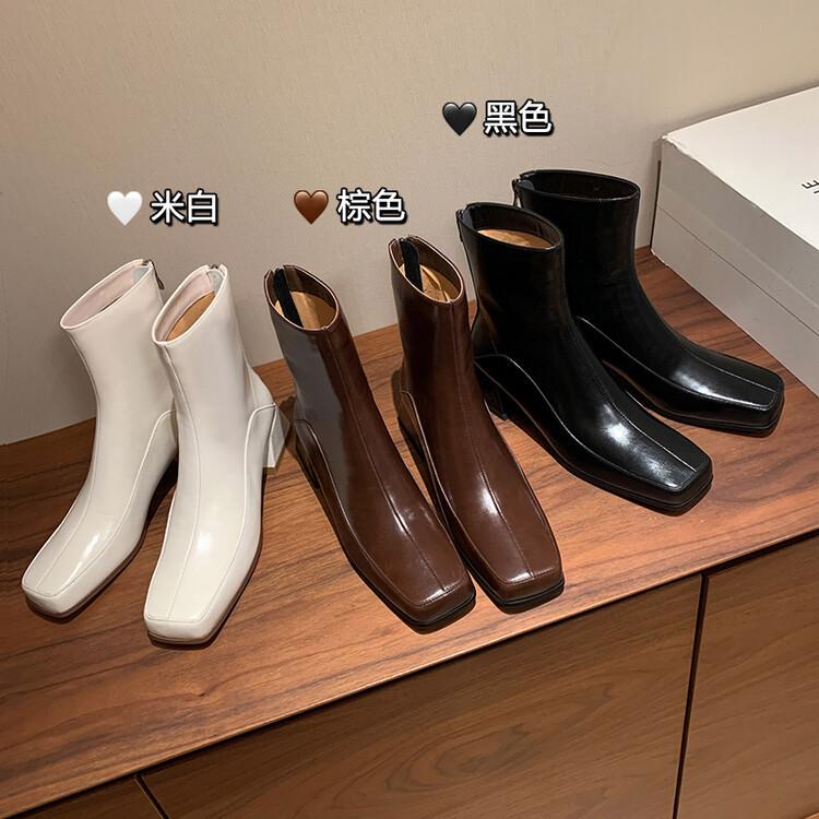 South Korea Dongdaemun thick heel square head short boots women's zipper leather Internet celebrity boots versatile Korean women's leather boots