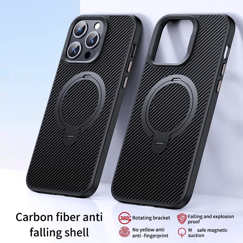 KEYSION Чехол из углеродного волокна с текстурой для MagSafe для iPhone 15 Pro Max 14 13 12 с вращающимся магнитным кольцом-подставкой, противоударный чехол для телефона