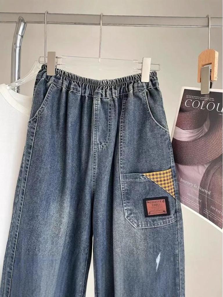 Women's Fashionable Six-Point Denim Capris: New Petite Summer Style, Elasticated Cuffs, Patch Details, Washed & Distressed Harem Pants.