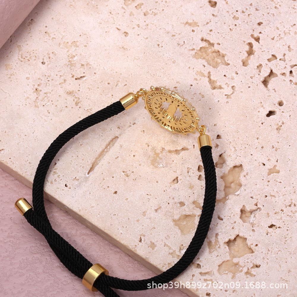 Gold-Plated Virgin Mary Zircon Bracelet with Adjustable Cotton Rope