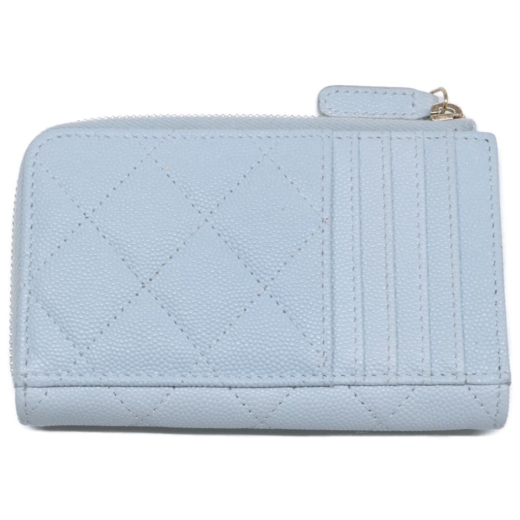 CHANEL Excellent Condition AP4257 Caviar Skin CC Logos Zip Wallet Fragment Case Card Case coin purse Light Blue/Light Gold HardwareUsed