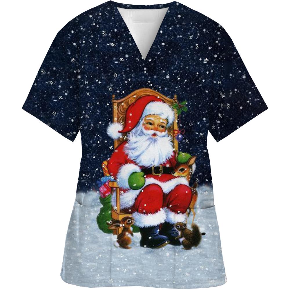 Nurse Uniforms Women Merry Christmas Print Short Sleeve V-Neck Scrubs Working Medical Blouse Overalls Uniforms Medical Nursing