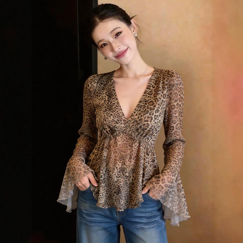 Holiday style leopard print chiffon shirt women's summer new super good-looking loose and thin outer wear sunscreen top