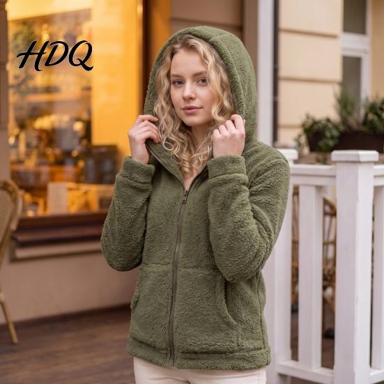 Casual Warm Jacket Women Full Zip Fleece Hoodie Solid Color Hooded for Coat with Pockets Fall Winter Loose Fit Daily Wear