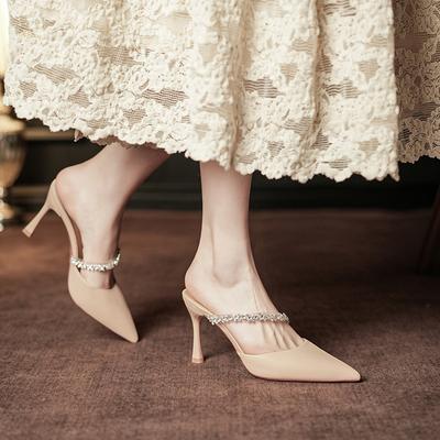 - High Heels Women's Single Shoes Thin Heels Pointed Toe Bag Head Half Slippers Wear French New Temperament Versatile Sandals