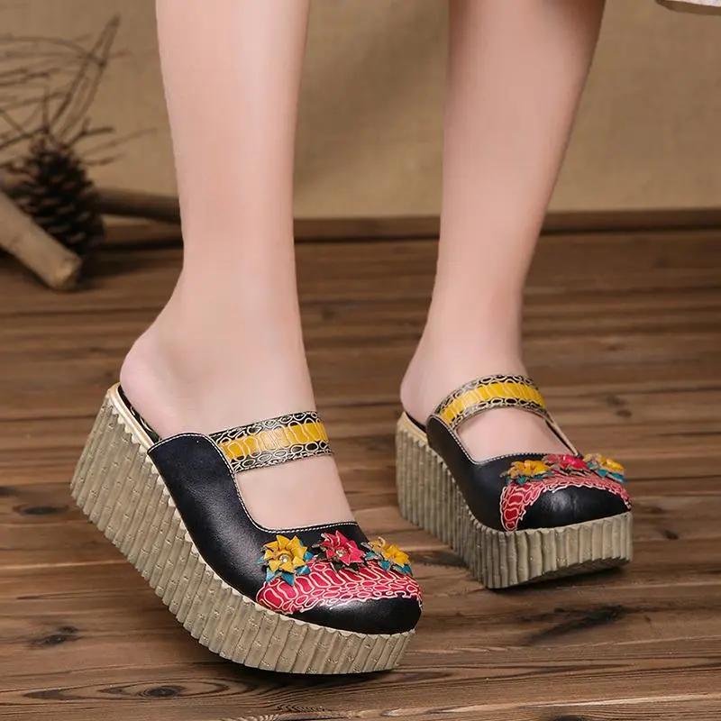 Fashion GKTINOO 2025 Summer Shoes Women Wedge Slides Cover Toes Handmade Flower Thick Heels Genuine Leather Lady Platform Slippers