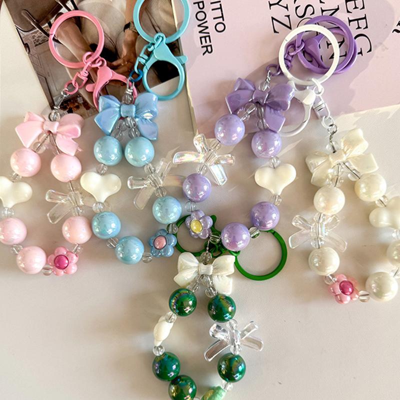 Cartoon Bow Heart Beaded Phone Chain Colorful Keychain Pendant For Women Girls Versatile Backpack Decoration Accessories Gifts