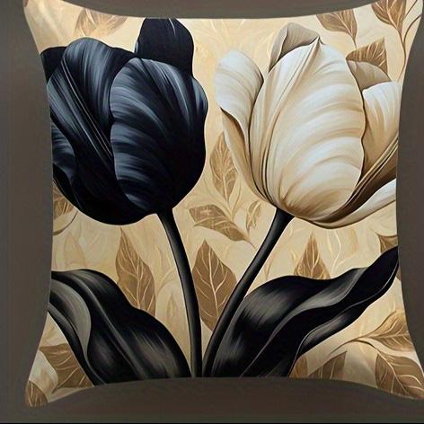 Elegant Black and White Floral Pattern Doublesided Printed pillow cover Short plush Suitable living rooms throw cushion cover