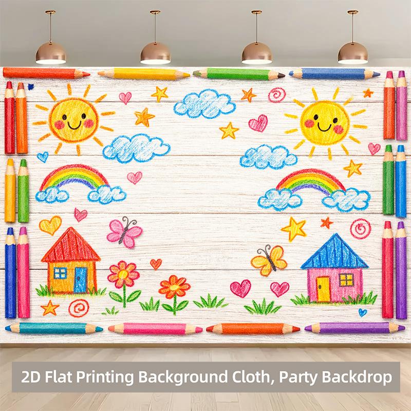 1 piece of 2D flat banner colorful pencil drawing showcasing joyful elements polyester background fabric party banner
