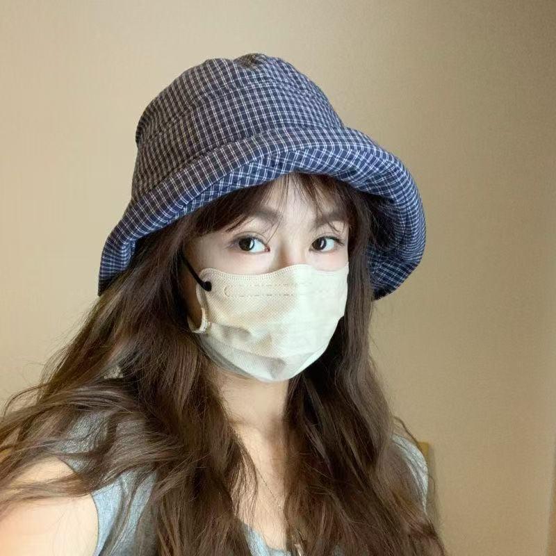 Summer Plaid Bucket Cap Curled Bow Plaid Sun Hat Foldable Quick-Dry Fisherman Caps Outdoor Mountaineering Hat