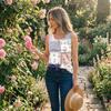 Women Sleeveless U Neck Button Detail Floral Print Casual Tank Top Lightweight Summer Blouse Patchwork Design