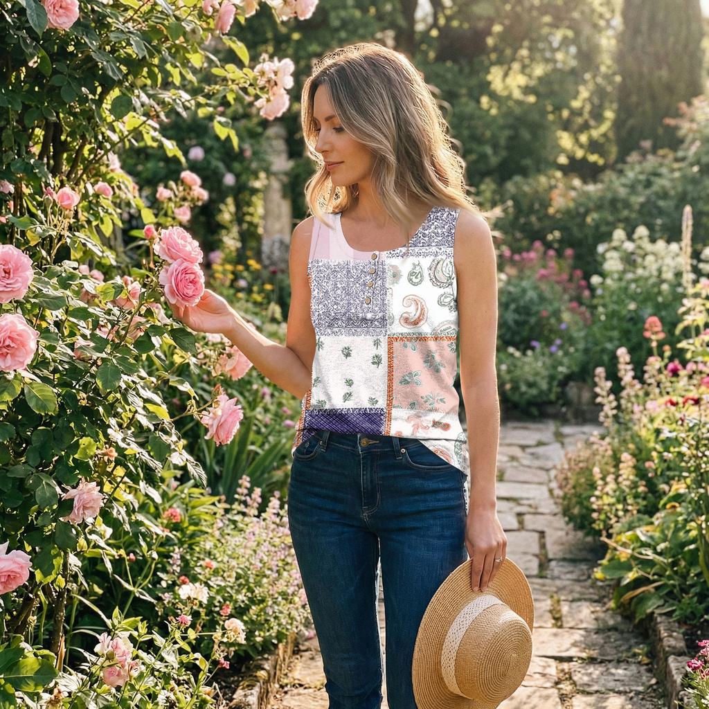 Women Sleeveless U Neck Button Detail Floral Print Casual Tank Top Lightweight Summer Blouse Patchwork Design
