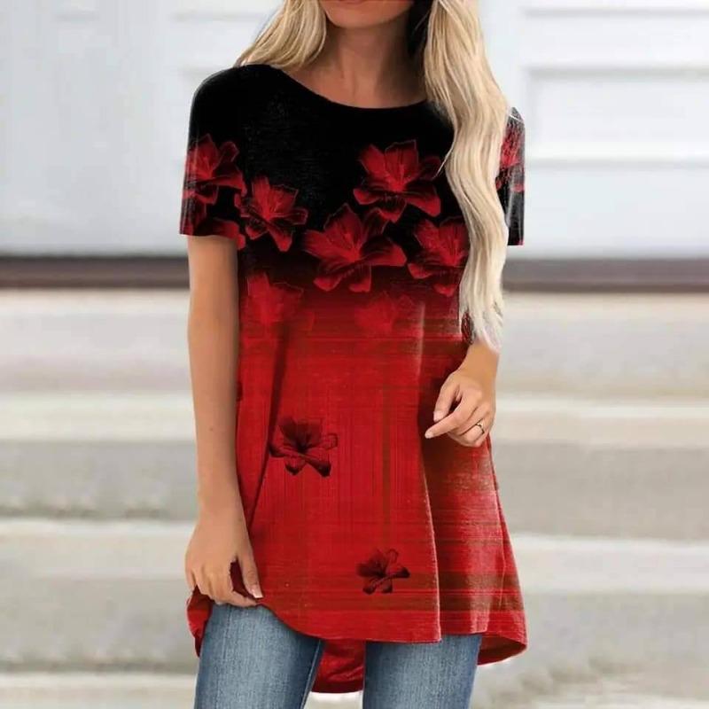 2024 Лето Элегантные женские футболки с цветочным принтом Женские модные футболки Женские топы Футболки Винтажные футболки Повседневные свободные 6XL