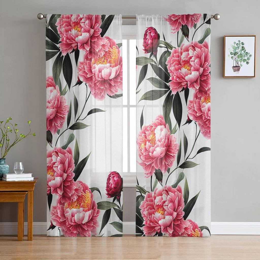 Peony Flower Chinese Ink Painting Bedroom Transparent Sheer Curtains Holiday Decoration Window Voile Tulle Curtain