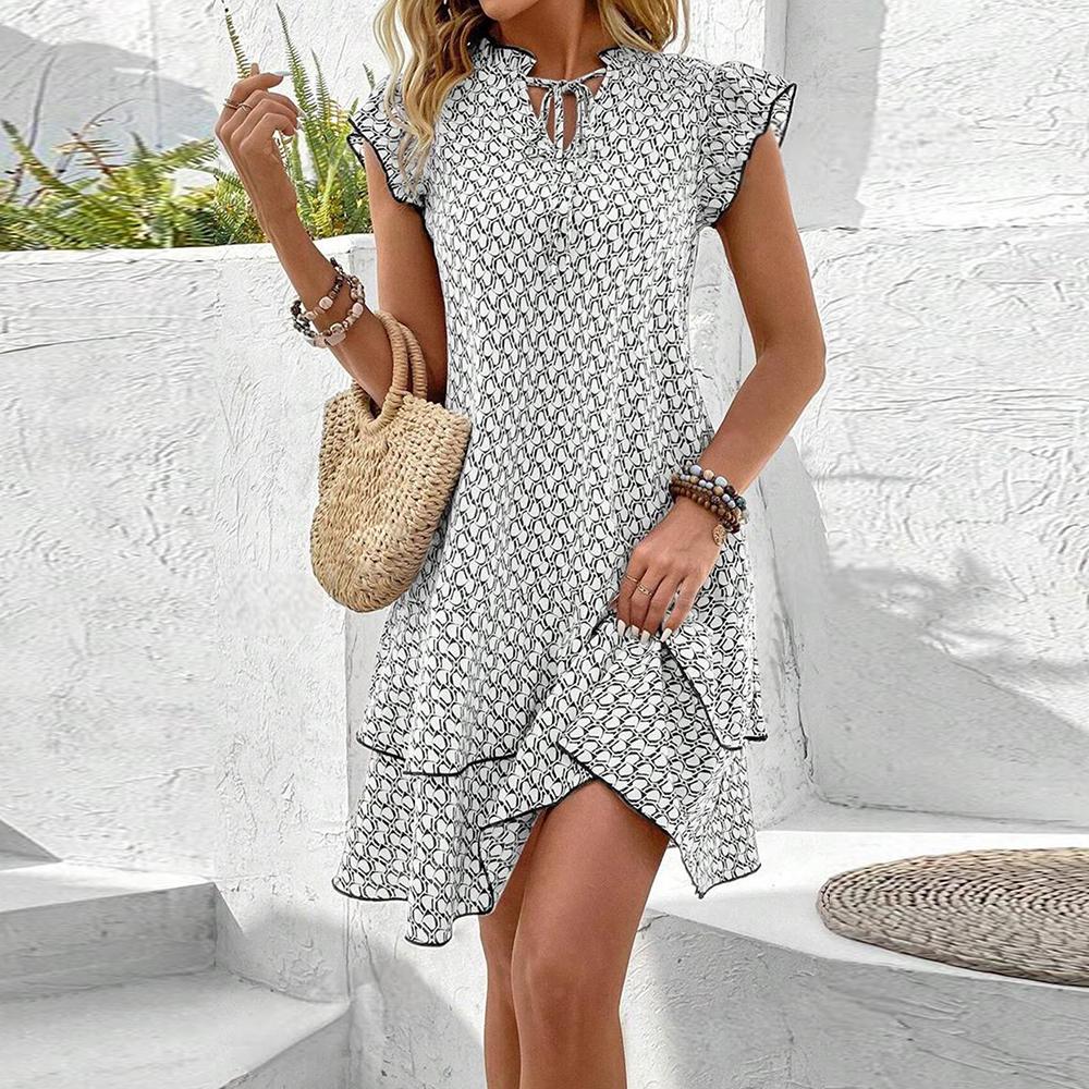 Summer Elegant Women's Casual Loose Ruffle Mini Dress Bohemian Printed V-neck Lace-up Small Flying Sleeve Dresses For Women