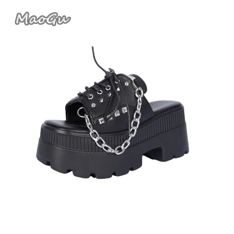 Fashion Women Summer 2025 Fashion Slippers Size42 Thick Heel Chain Rivet Decor Platform Slippers Punk Style High Heels Zapatos De Mujer