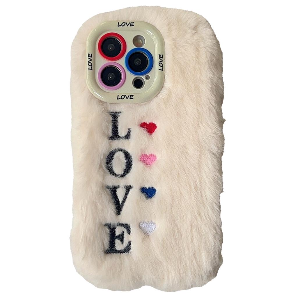 KJS-002 For iPhone 15 Pro Max Case Lens Kickstand Embroidered LOVE Fluffy TPU Phone Cover