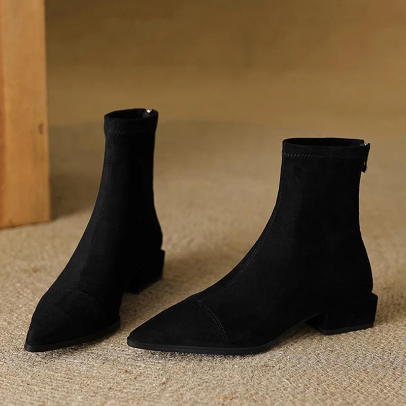 Stivali elastici da donna 2026 nuovo look moda autunno e inverno snellenti, cerniera posteriore suola piatta stivaletti corti a punta stile francese