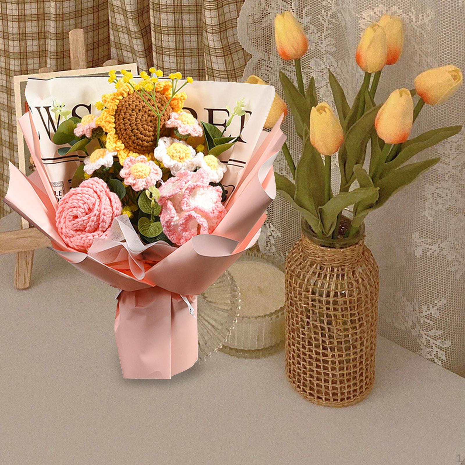 

Завершенный букет из вязаных крючком цветов, искусственный вязаный подсолнух, роза, ромашка, день рождения Pink