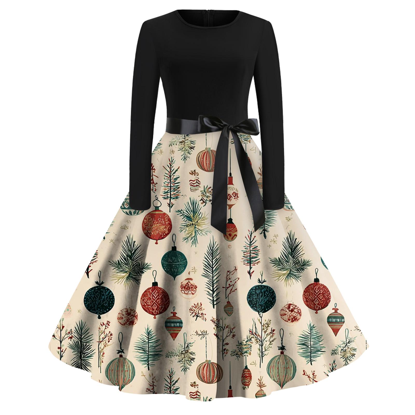 

Женское модное повседневное платье с круглым вырезом, рождественским принтом и длинными рукавами L