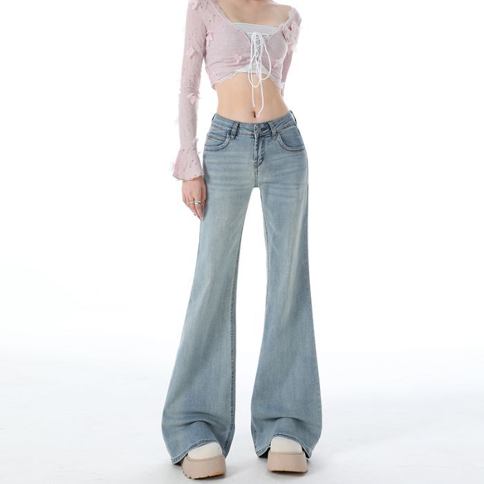 Autumn Winter Vintage Low Waist Stretch Slim Straight Floor Micro Flare Denim Pants For Women Casual Pants Oversize Denim Trousers XS