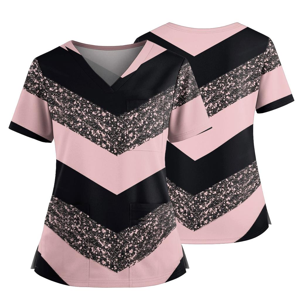 Damski casualowy top z nadrukiem z dekoltem w serek, kieszenią i rozcięciem po bokach, z krótkim rękawem