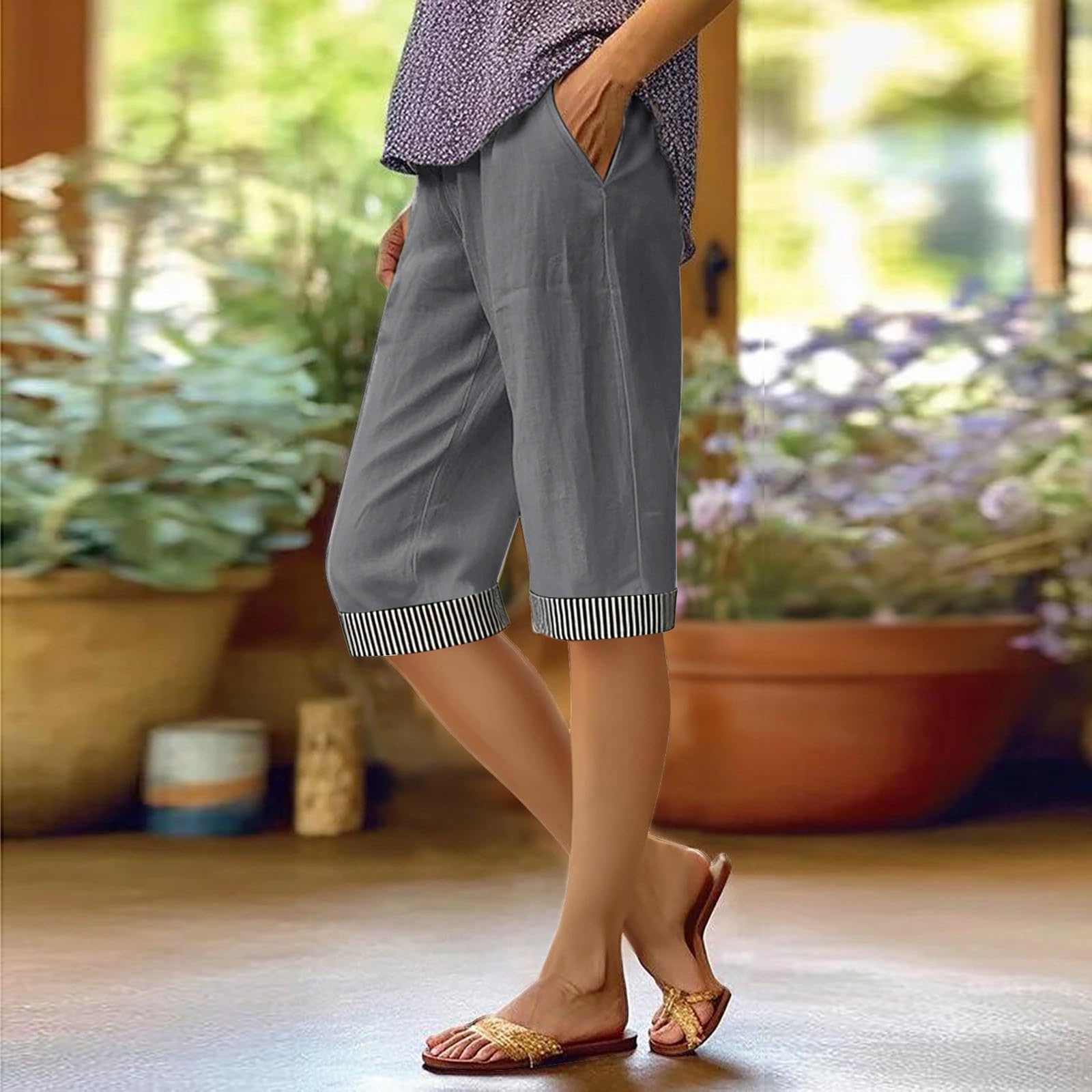 

Women’s Knee Length Cotton Bermuda Shorts with Striped Cuffs Relaxed Fit Casual Summer Lightweight Breathable Fabric Design L