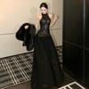 French High-end Black Sequined Sleeveless Neck Dress Women's Design Halter Birthday Dress Long Dress