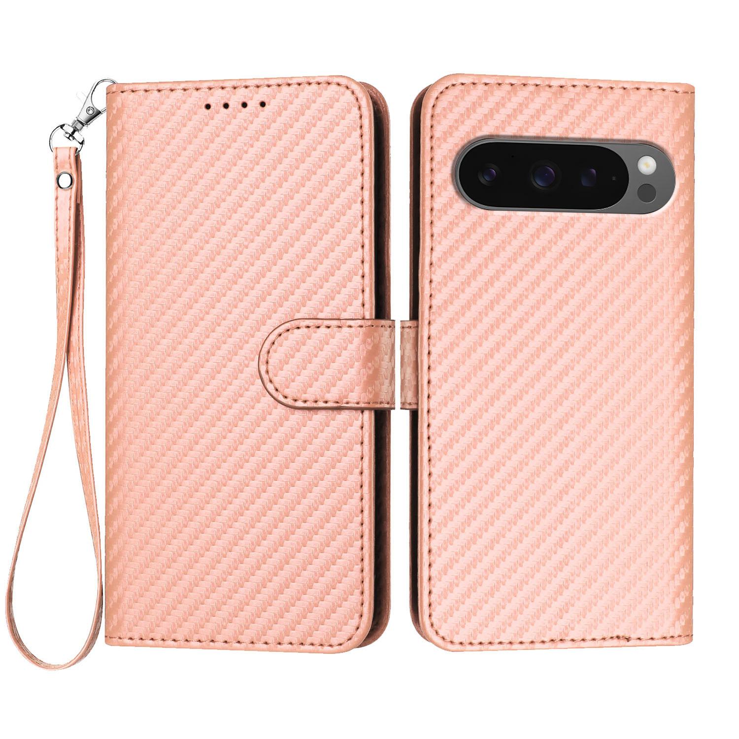 

For Google Pixel 9 Pro XL/Google Pixel 10 Pro XL Wallet Case with Strap Carbon Fiber Texture Leather Mobile Cover Pink