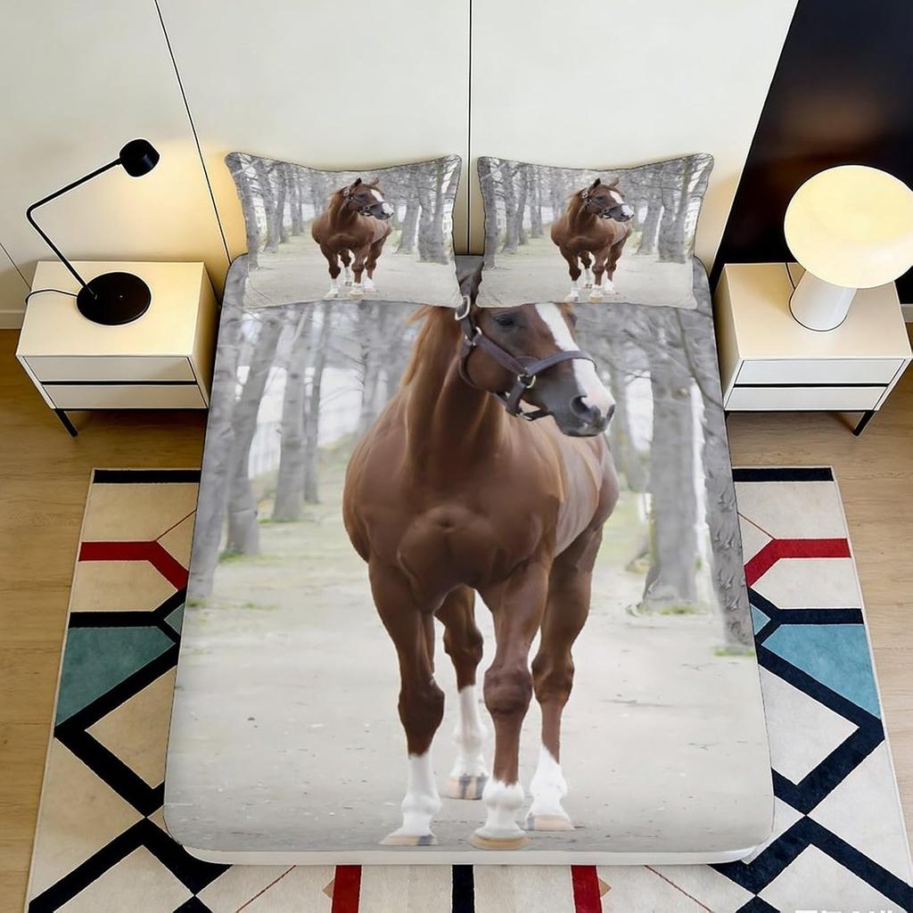 Horse Pattern Fitted Sheet, Microfiber Bed Cover,non-slip,mattress Protection,easy Care,all Season, Breathable, Machine Washable