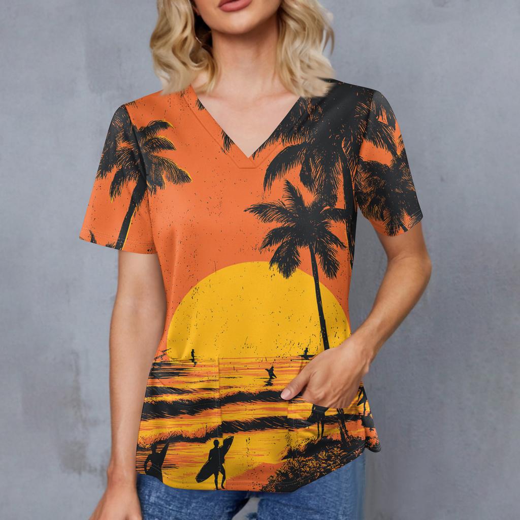 Women's Retro Printed V-Neck Double Pocket Short Sleeves Hem Slit Uniform Caregiver Top
